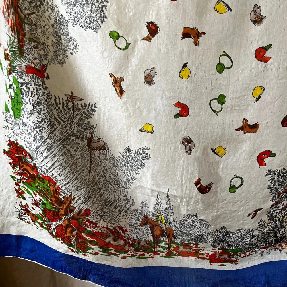 Vintage Hunting Equestrian Silk Scarf Blue Border Fox Hunt Birds Deer 31x34